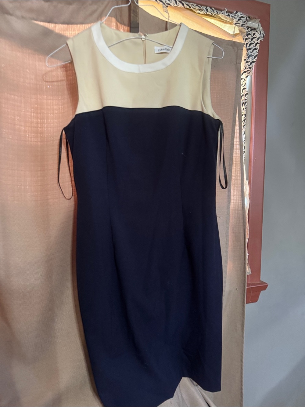 Calvin Klein Navy Sheath Dress with Cream Yoke and White Trim S-19-4